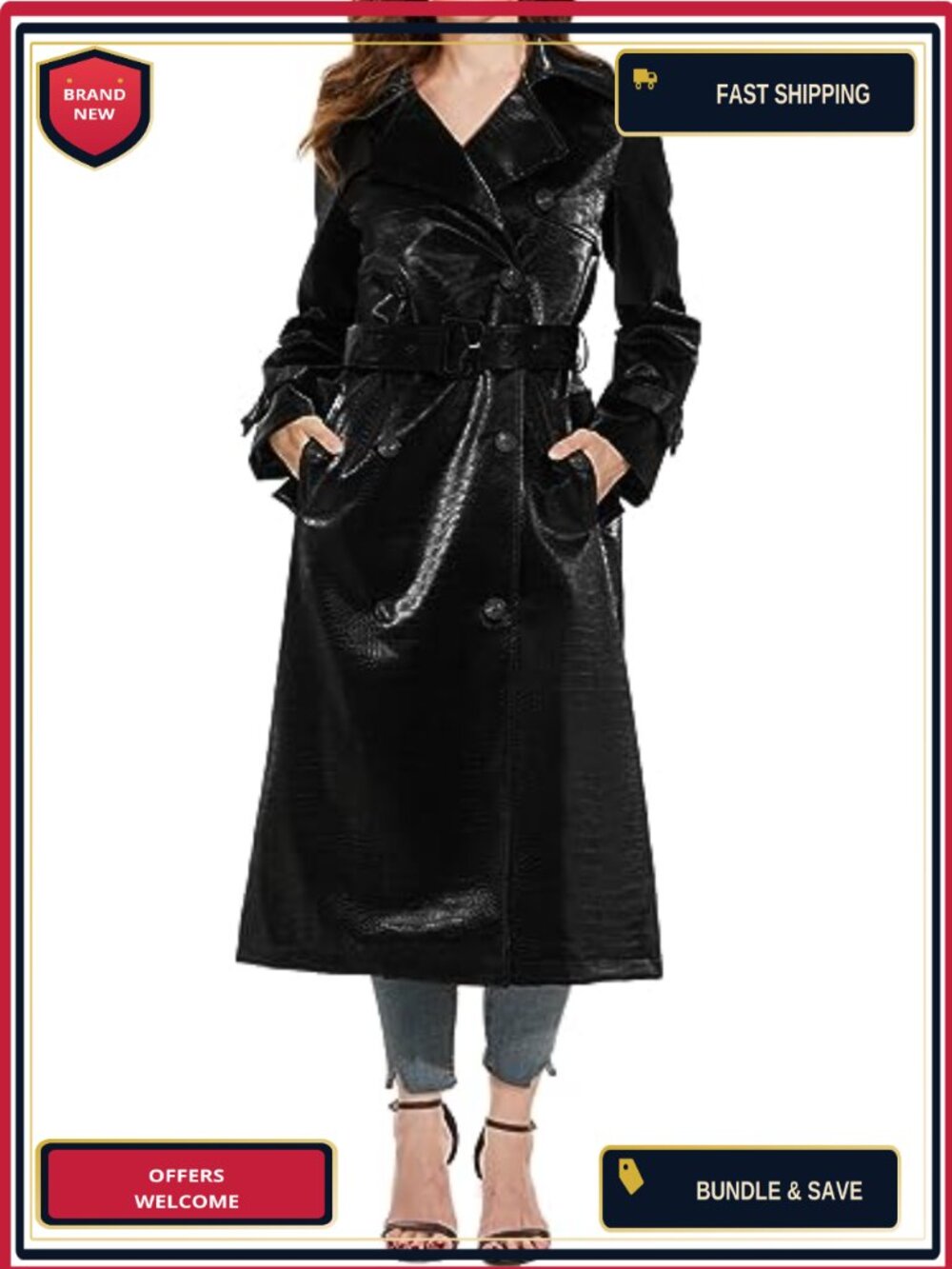 Women's Faux Leather Trench Coat Moto Biker Jacket Lightweight Vegan Pleather